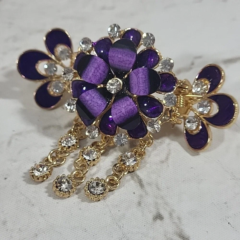 Jeweled Hair Clip‎ Purple 3D Floral Rhinestone Crab Pony Tail Bun Barrette